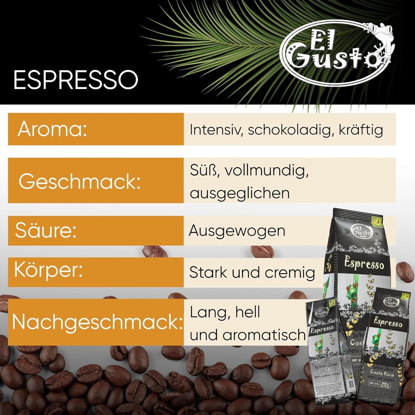 El Gusto Espresso Kaffee aus ganzen Bohnen aus Costa Rica, dunkel geröstet, creative Mischung, 100% Arabica, frischer Gourmet-Kaffee 3er Pack