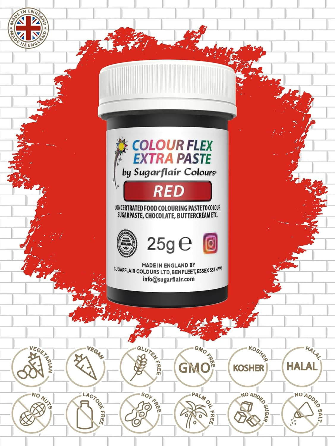 Sugarflair Colourflex Extra Paste potravinářské barvivo, červené - Jedlé potravinářské barvivo na máslový krém, čokoládu, cukrovou pastu, polevu, fondán, dortové směsi, těsto a další - 25g