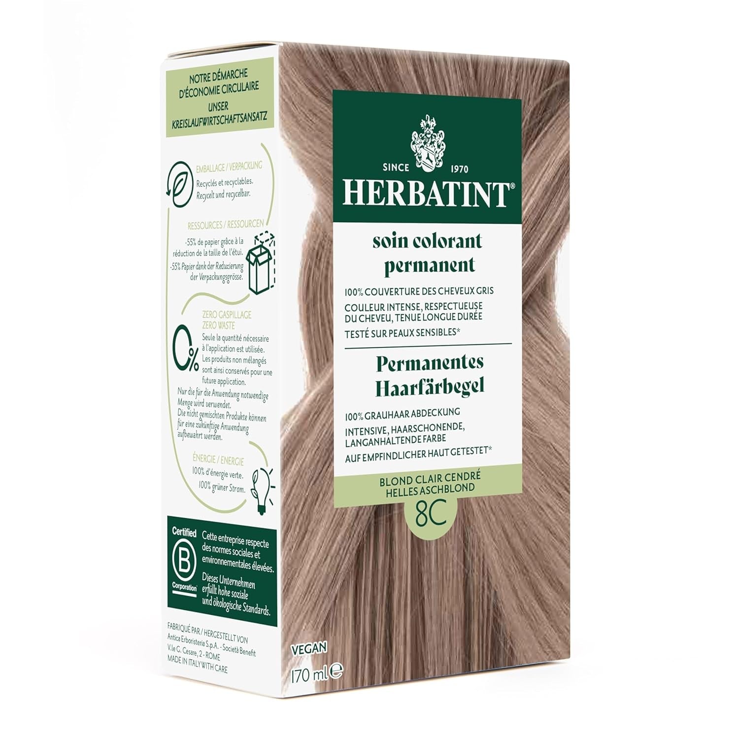 Permanentní gel na barvení vlasů 6N tmavá blond - 170 ml I Bez amoniaku, 100% krytí šedých vlasů Testováno na citlivé pokožce, s 8 rostlinnými výtažky Barva na vlasy Naty Shop 8C Světle šedá blond