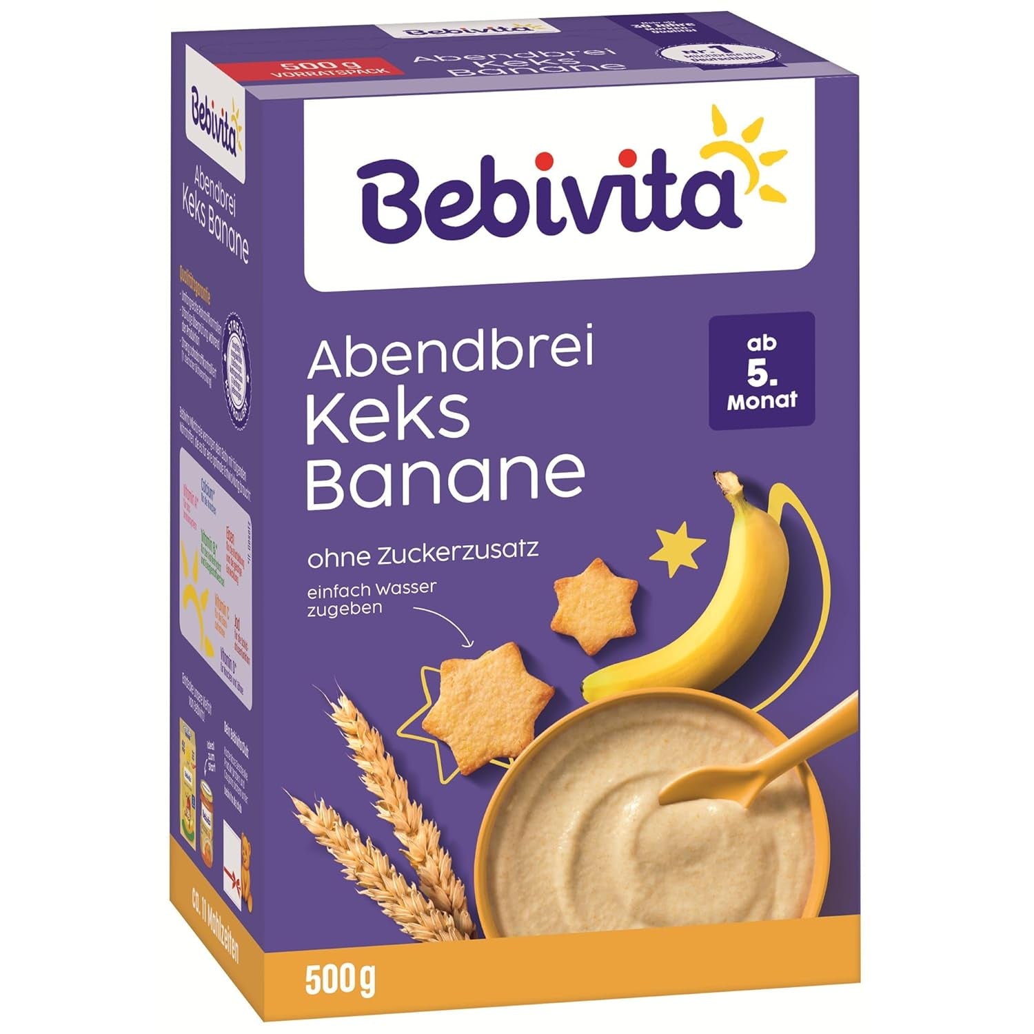 Večerní kaše se sušenkami a banány (4x500g), mléčná kaše od 5 měsíců, bez přidaného cukru, s cennými minerály a vitamíny, velmi zasytí