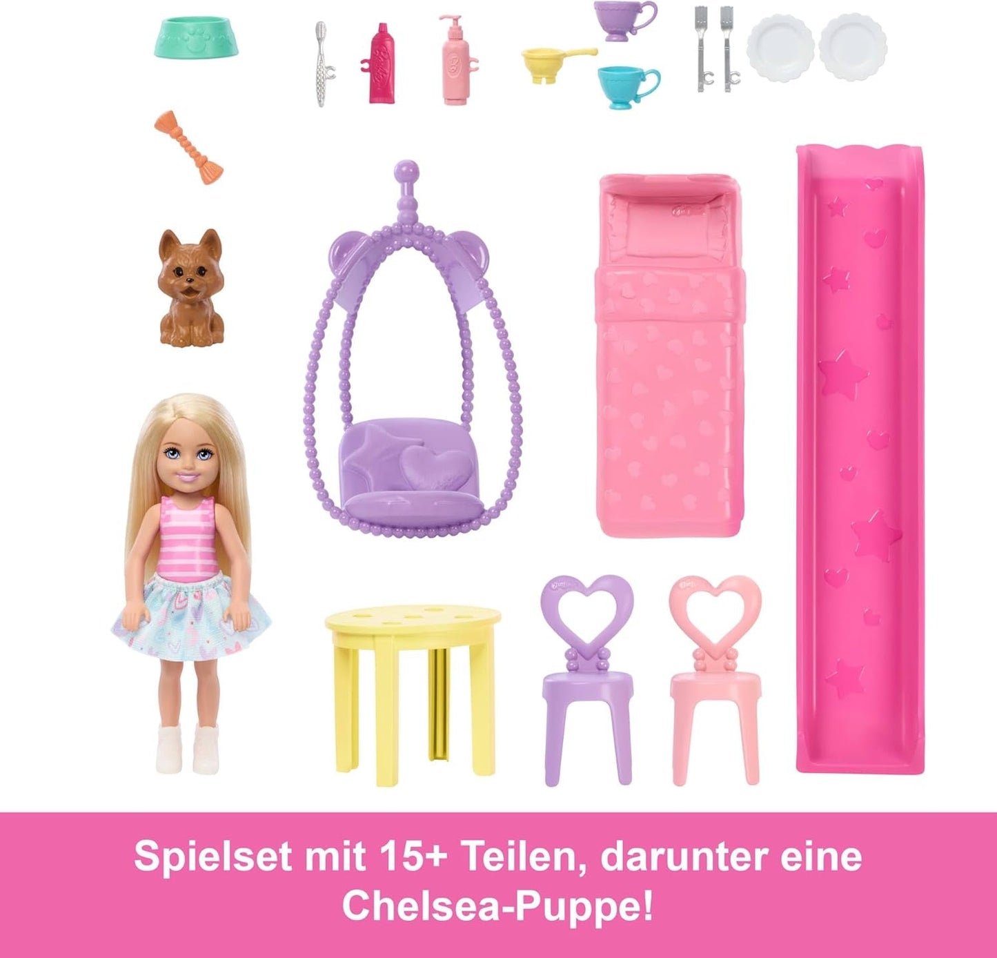 Barbie Chelsea domeček pro panenky s 15+ doplňky, vyskakovací domeček se zvětší na více než 42 x 33 cm s 5 hracími plochami a skluzavkou, s malou panenkou a psem, JFW49