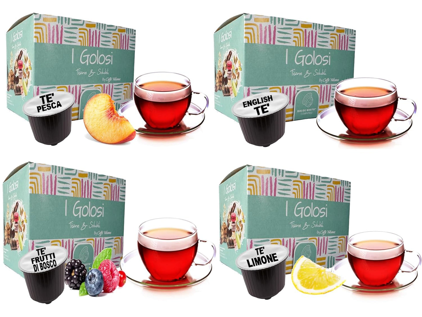Caffè Vulcanus - 60 kapslí čajová směs, příchuť: anglický čaj, broskvový čaj, citronový čaj a bobulový čaj - kapsle kompatibilní s Nescafe Dolce Gusto