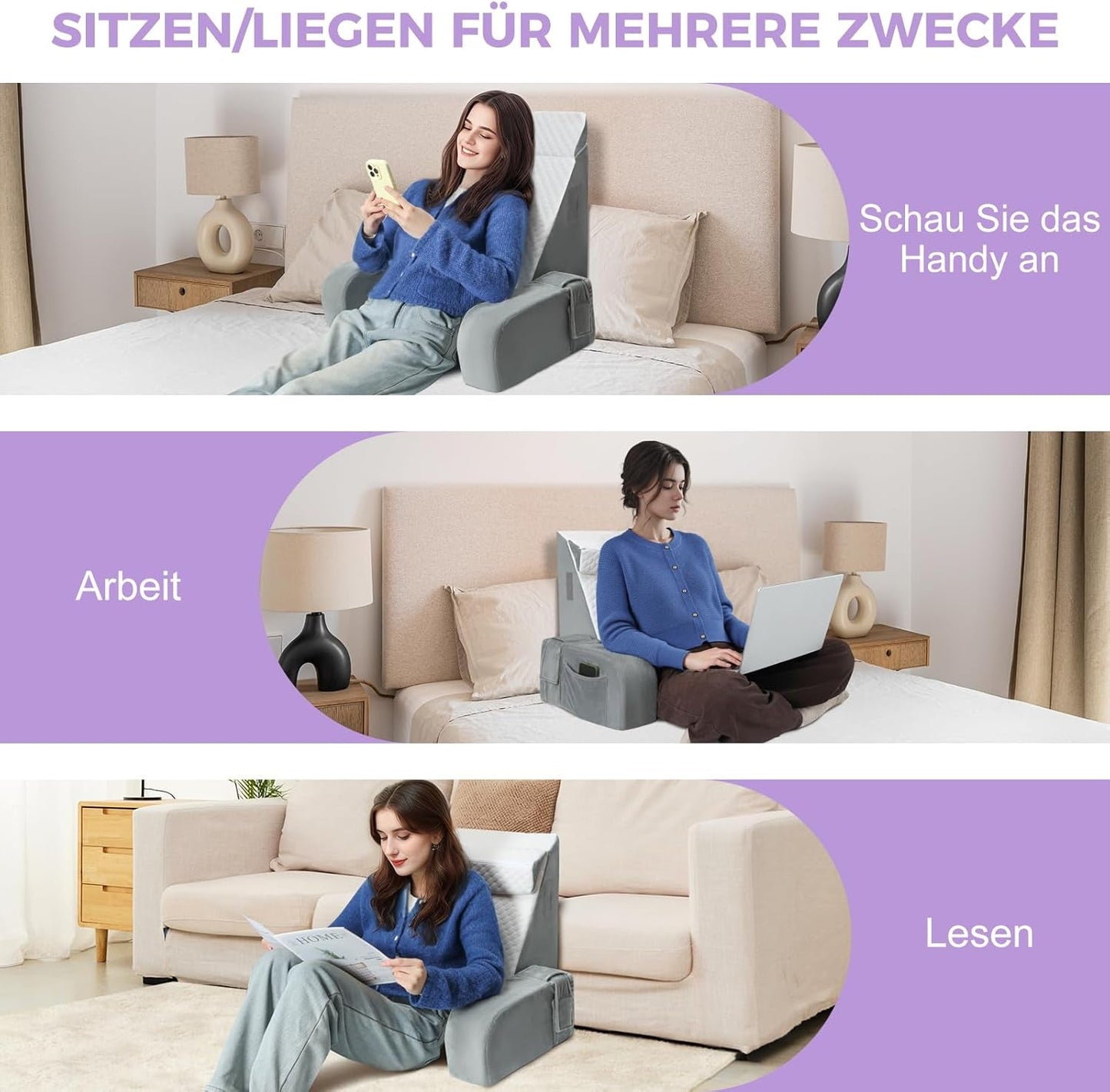 Velký polštář na čtení s madlem, pěna s vysokou hustotou, ergonomický polštář na záda, područky, opěrka krku a hlavy, sklápěcí podsedák na spaní, hraní, sledování televize, na postel a pohovku