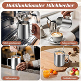 Hrnek na mléko, 350 ml Hrnek na mléko z nerezové oceli s odměrkou, příslušenství pro baristy, Hrnek na mléko na Cappuccino, Espresso, Latte Art, Milovníci kávy, Stříbro, 355 ml
