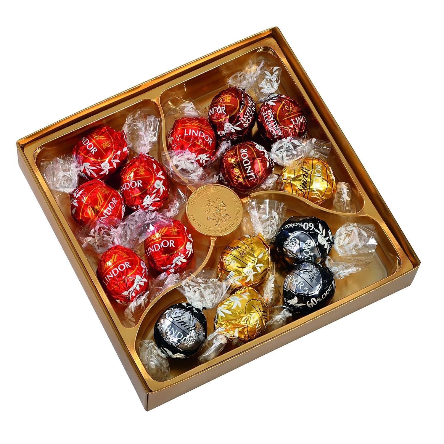 Dárková krabička Lindt LINDOR s různými čokoládami, cca. 15 lanýžů LINDOR, 4 druhy (mléčná čokoláda, bílá čokoláda, hořká čokoláda 60% a lískový ořech), 187 g