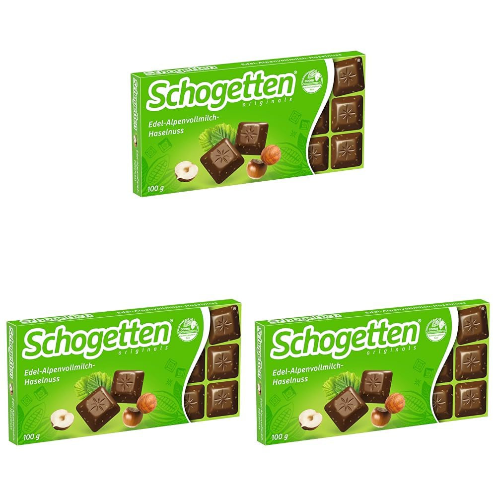Schogetten Premium alpská mléčná čokoláda s lískovými oříšky, 100g čokoládová tyčinka, jednotlivě porcovaná. Potěšení. Kousek po kousku.