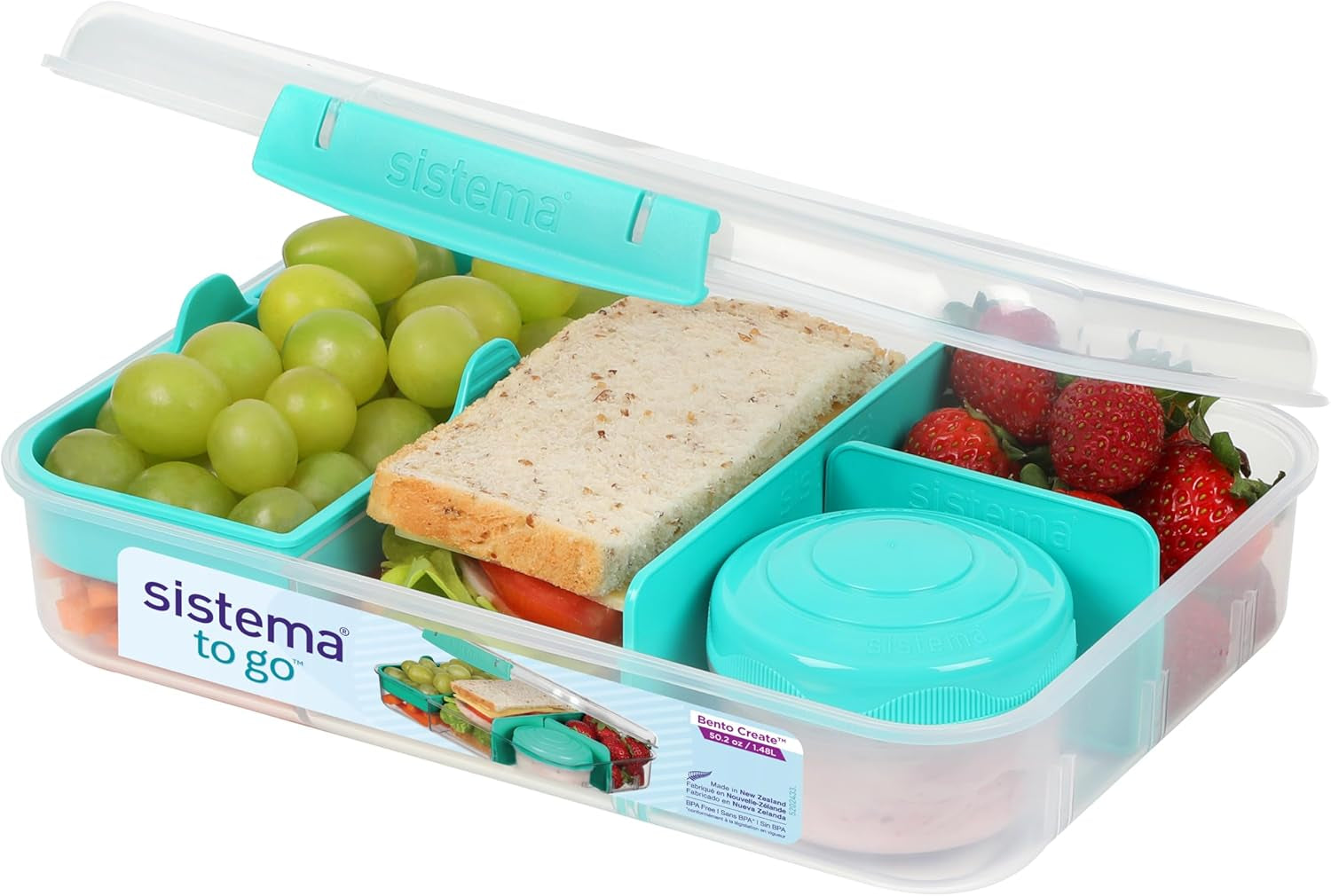 Systém obědových boxů Bento Box TO GO s přihrádkami | Box na oběd 1,25 l s nádobou na jogurt/ovoce | pro děti i dospělé l | Minty Teal bez BPA [21685-8T], mátově zelená Dózy na skladování potravin Naty Shop Minty Teal 1,48 l (obsahuje 150 ml nádobu)
