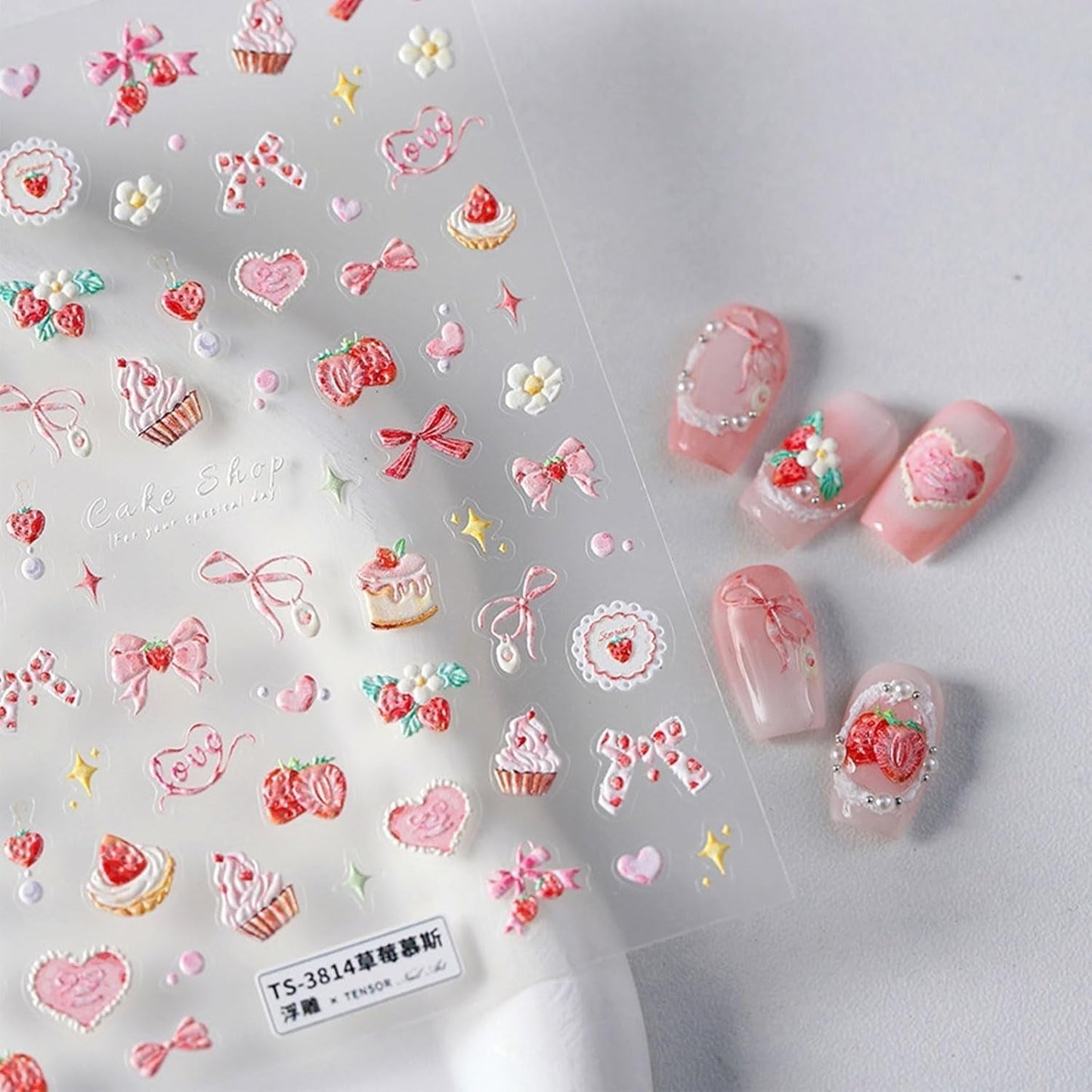 JMEOWIO 3D Nálepka na nehty Rosa Nálepka na nehty Selbstklebend Nagelaufkleber 5D Stereoskopisch Kuchen Erdbeerschleife Dekoration Nageldesign Zubehör 1 Blatt
