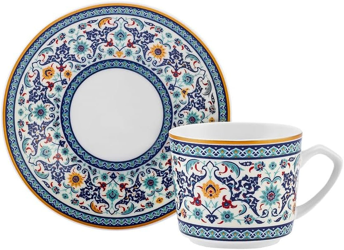 KARACA Beylerbeyi - 12dílná sada tureckých šálků na kávu Porcelánový šálek na espresso Sada 6 ks s podšálky Sada šálků na espresso 80 ml Tradiční design - modrá