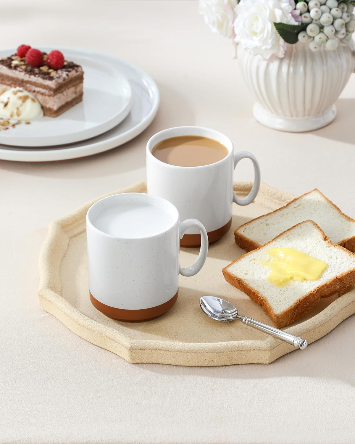 Sada hrnků na kávu MALACASA, sada hrnků z kameniny 350ml pro 4 osoby, moderní hrnky na kávu na čaj, džus, latte, cappuccino, horkou čokoládu. Vhodné do myčky a mikrovlnné trouby, série TARA, khaki bílá