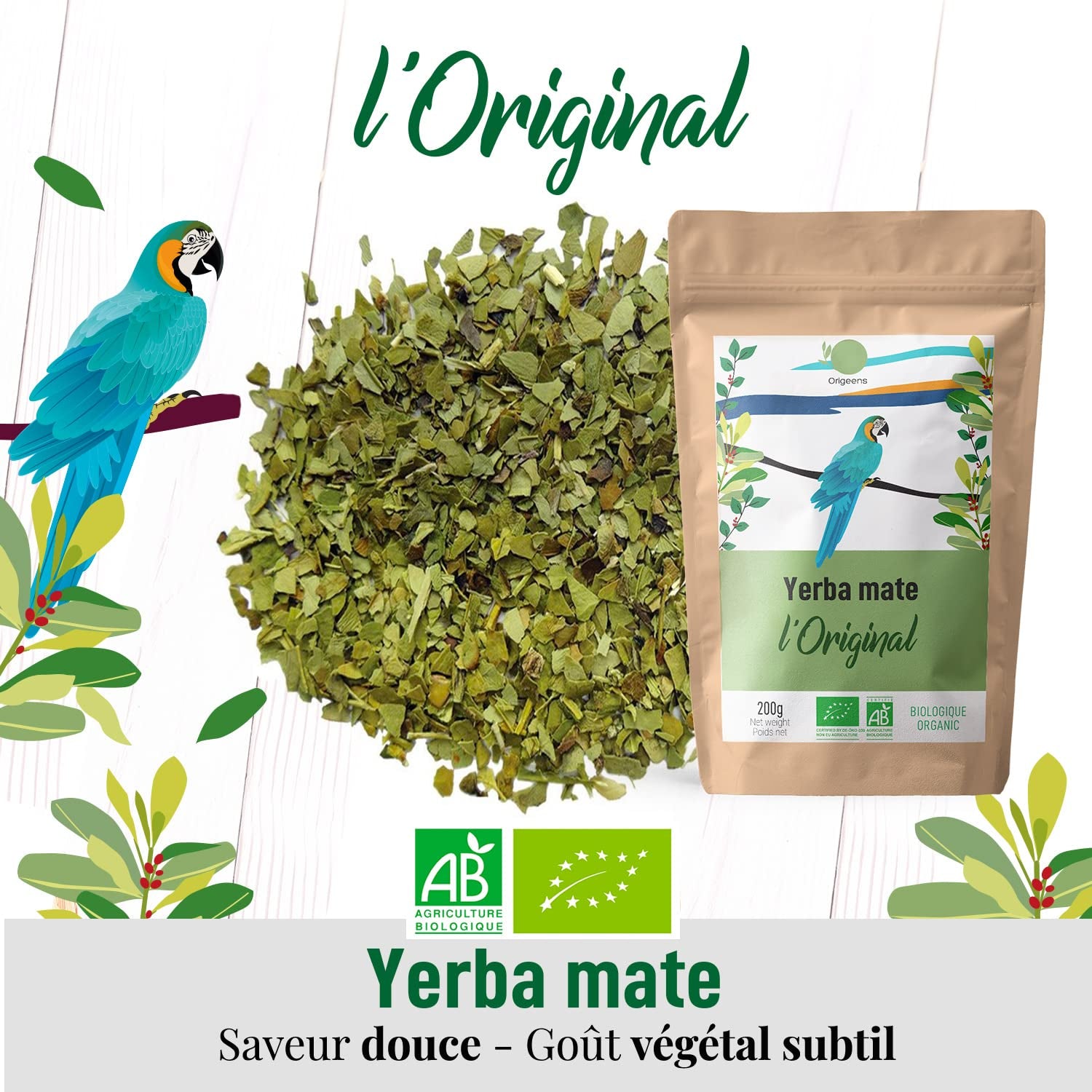 ORIGEENS BIO YERBA MATE TEA 200G - The Original I Bio Yerba Maté nepražený, listy, bez stonků, prachu a drobků I Energizující a detoxikační nápoj