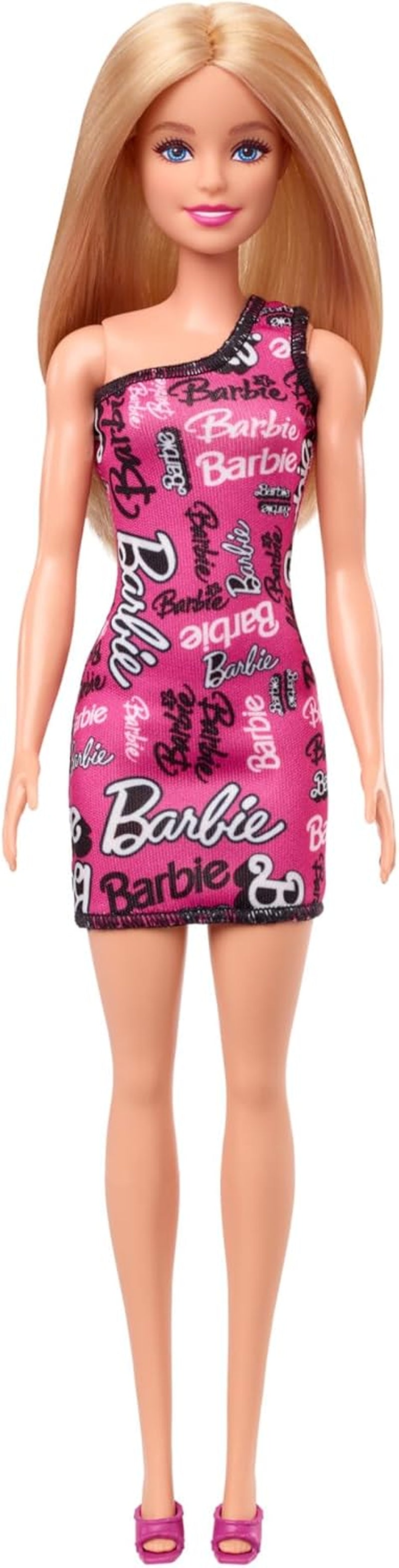 Módní panenka Barbie s rovnými blond vlasy v růžových strečových šatech na jedno rameno a botách s potištěným logem HRH07 Naty Shop Dolls