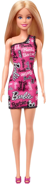 Módní panenka Barbie s rovnými blond vlasy v růžových odepínacích šatech na jedno rameno a botách s tištěným logem, HRH07
