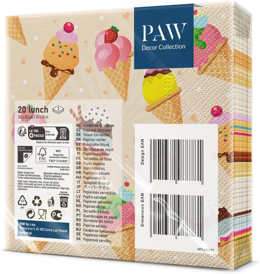 PAW - 3vrstvé ubrousky (33 X 33 cm) I 20 kusů I Ideální na párty, narozeniny, svátky I Stolní dekorace pro dětské oslavy - Papírové ubrousky s barevným motivem - Zmrzlina I Zmrzlina
