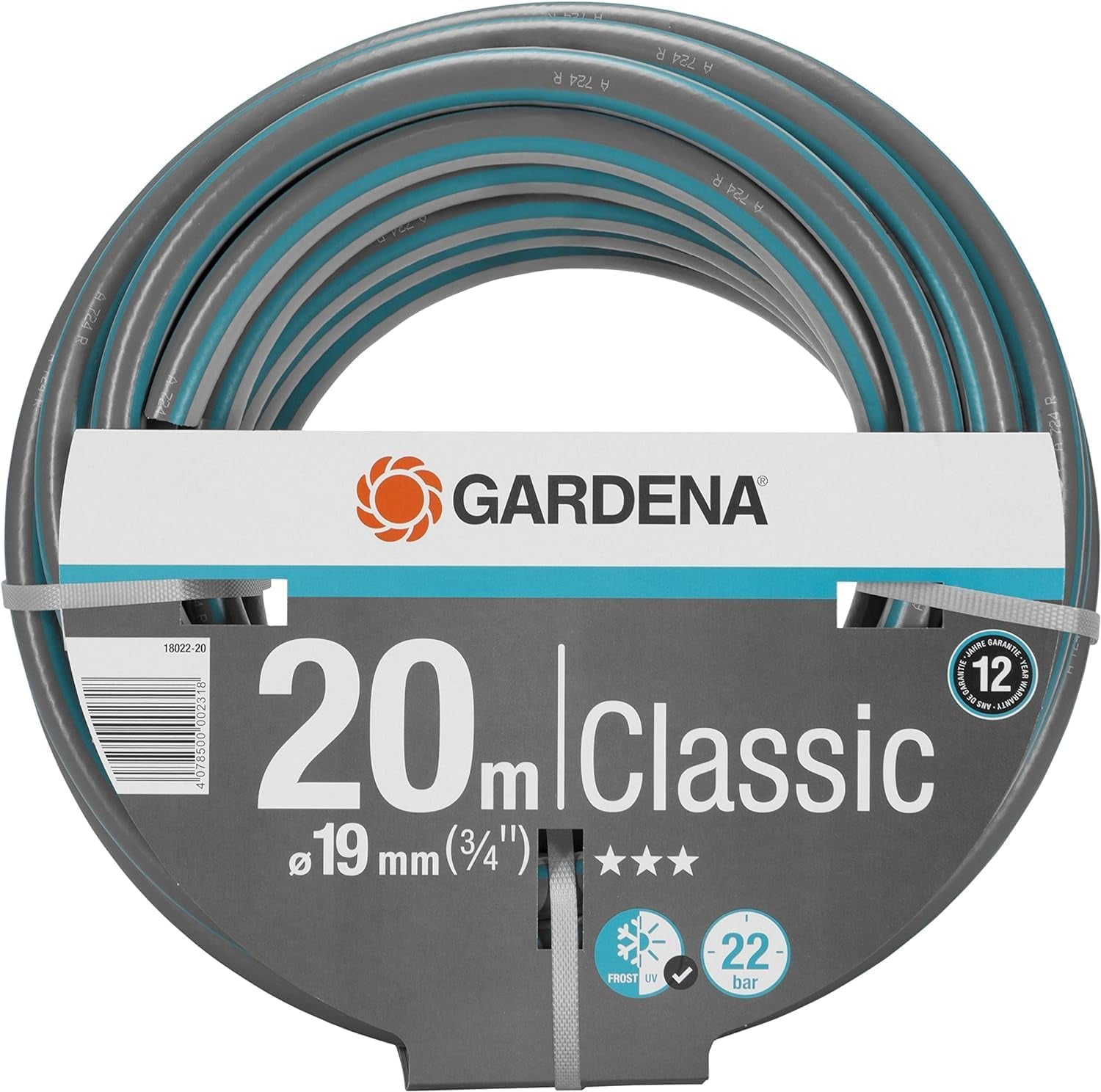 Gardena Classic hadice 19 mm (3/4 palce), 20 m: Univerzální zahradní hadice z robustní tkaniny, křížově tkaná, tlak při roztržení 22 barů, odolná proti UV záření, bez systémových komponent, záruka 12 let (18022-20)