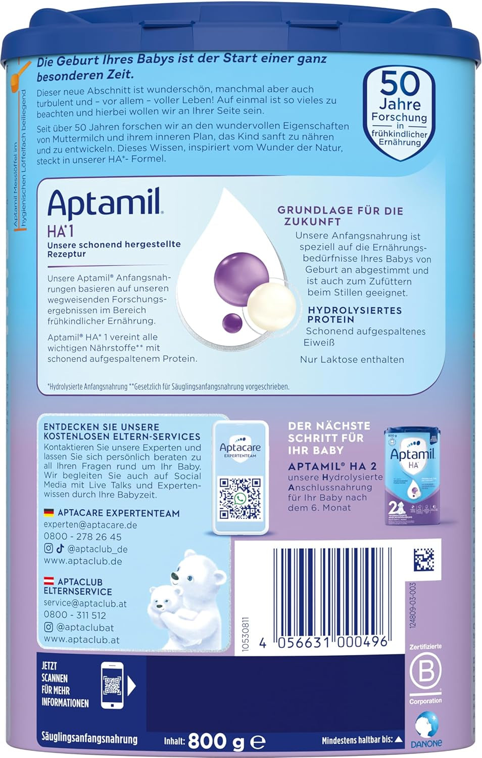 Aptamil HA 1 - kojenecká výživa od narození, s DHA, bez laktózy, bez palmového oleje, dětská výživa, sušené mléko, 1 x 800 g