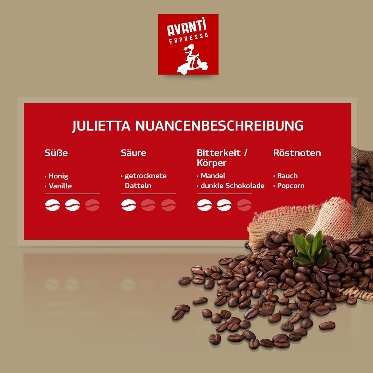 AVANTI Julietta Espresso zrnková káva, 500 g, 70 % Arabica 30 % Robusta, tradiční pražení v bubnu