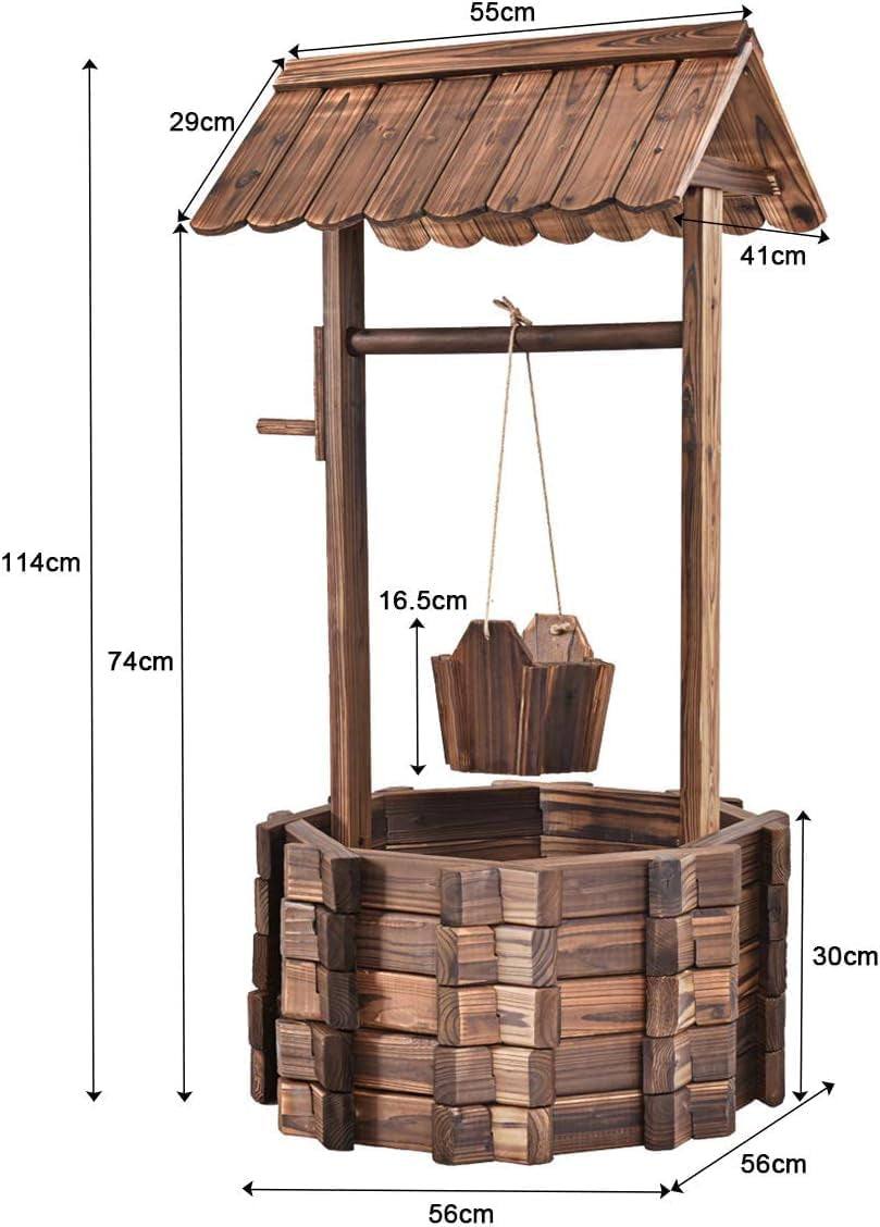 Dřevěná fontána 56x56x114cm se střechou, Studna přání, Zahradní dekorace, Květináče, Dekorační fontána, Květináče, Hnědá
