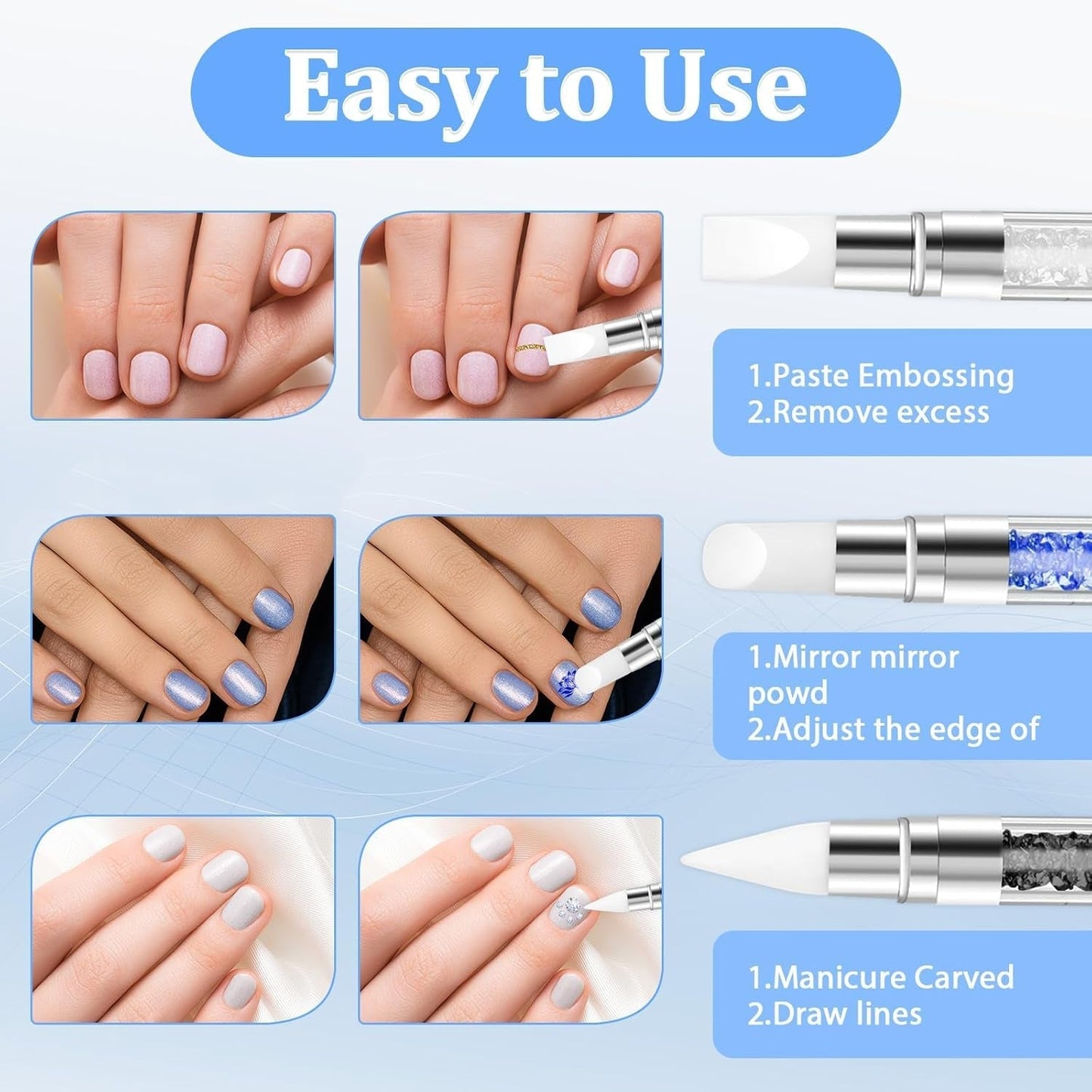 3 Stück Nagel Pinsel Silikon, Nagelkunst Skulptur Stift, Doppel Köpfe DIY Maniküre Werkzeug, Strassstein Picker, Gel Schnitzen Pinsel Für Design, Tvarování Kresba Carving Nagelfolie