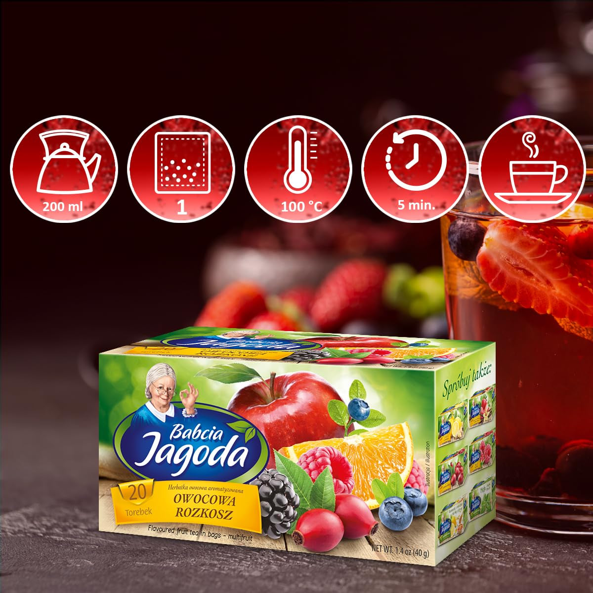 Babcia Jagoda - Ovocný čaj "Fruchtige Verführung" - 20 čajových sáčků - S ibiškem, jablkem, aronie, ostružinou, šípky, pomerančovou kůrou - Intenzivní ovocná chuť, bez kofeinu, vegan, přírodní, Cay - 40G
