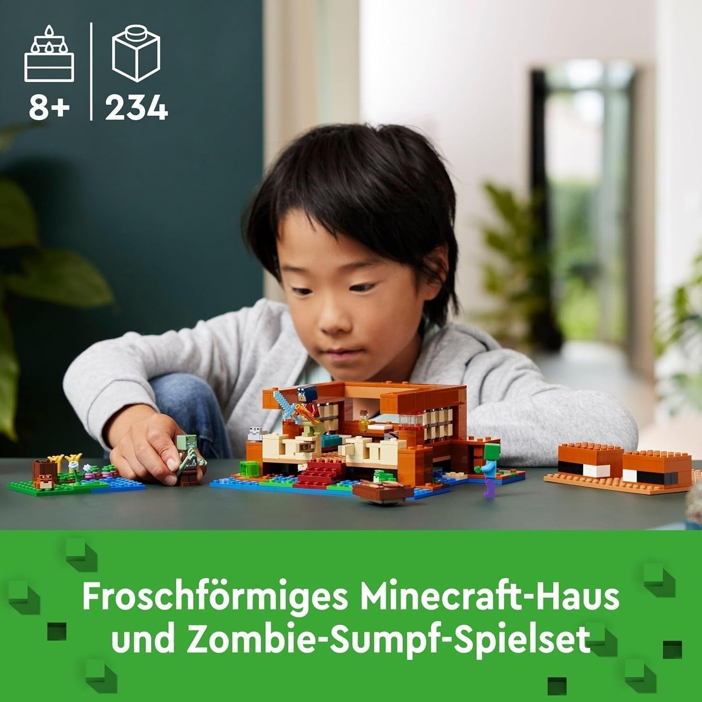 LEGO Minecraft The Frog House, domeček na hraní s figurkami včetně zombie, slizu a tonoucího muže, plus doplňky, jako je hračka člun a pracovní stůl, dárek pro chlapce a dívky od 8 let 21256 Stavebnice Besuche den LEGO-Store