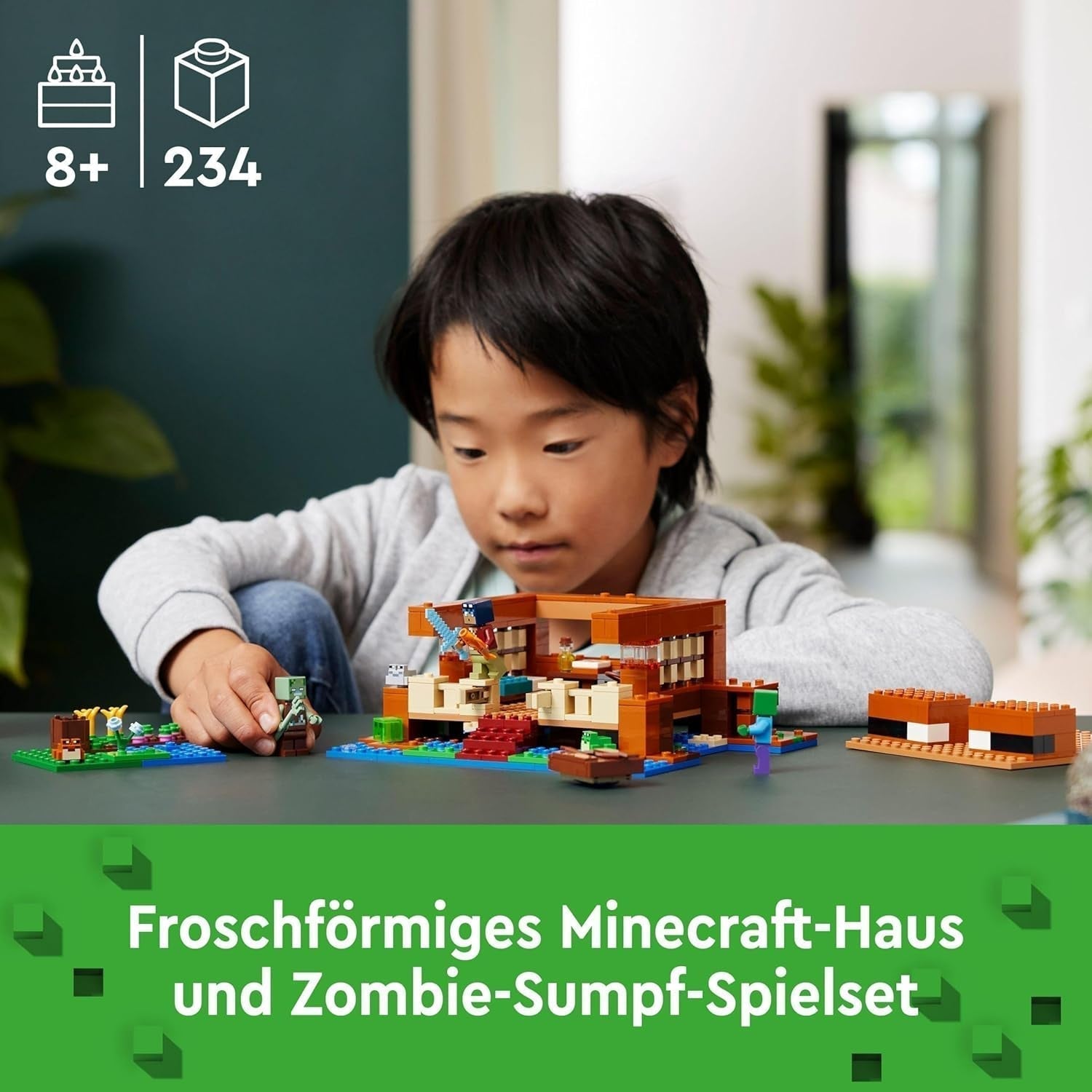 LEGO Minecraft The Frog House, domeček na hraní s figurkami včetně zombie, slizu a tonoucího muže, plus doplňky, jako je hračka člun a pracovní stůl, dárek pro chlapce a dívky od 8 let 21256 Stavebnice Besuche den LEGO-Store