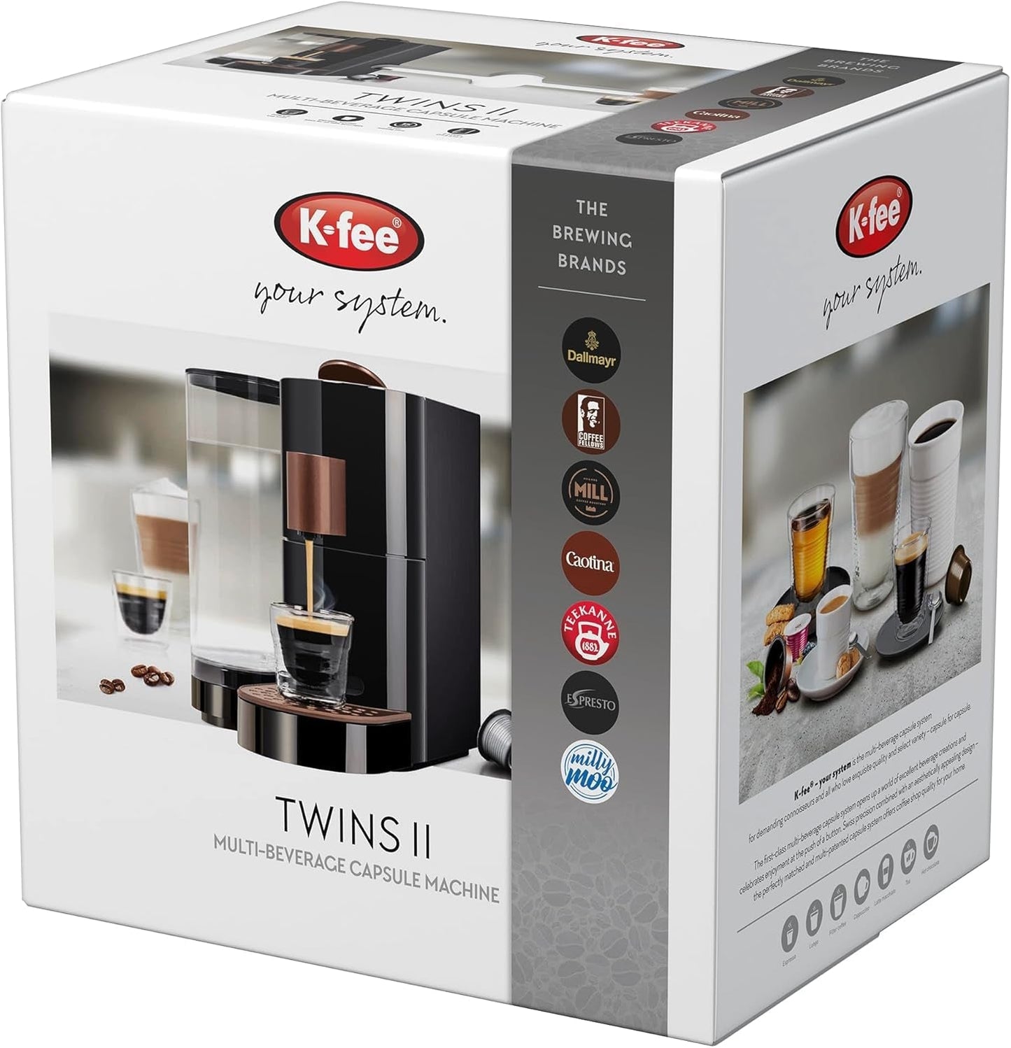 K-FEE TWINS II kapslový espresso kávovar na kávu, čaj a kakao | Espresso kávovar na velké šálky | Rychlý ohřev | Nádrž na vodu 2,3 ​​l | 19 barů | Černo-měděná