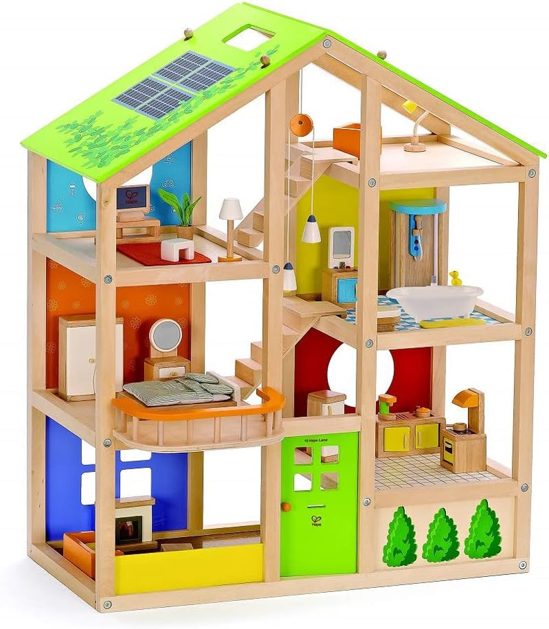 Hape E3401 Four Seasons House, zařízený a E3500 – rodina panenek, světlá kůže