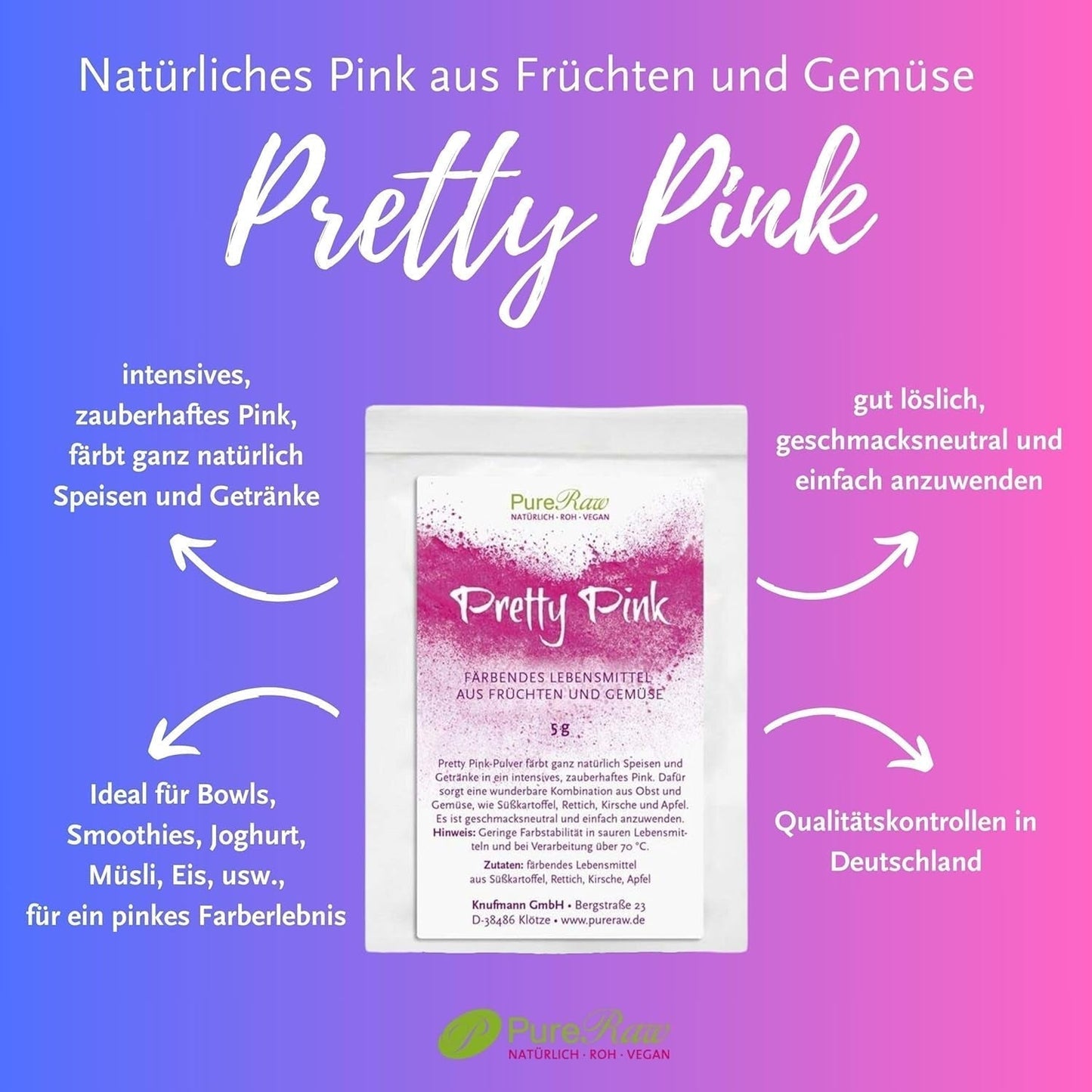 Pretty Pink Natürliche Lebensmittelfarbe Pulver Rosa (Roh Vegan) Pastel Rose Bis Intensiv Rosa-Rot - Essbare Farbe Für Lebensmittel Aus Früchten Und Gemüse - Přírodní potravinářské barvivo | Pureraw 5G Naty Shop