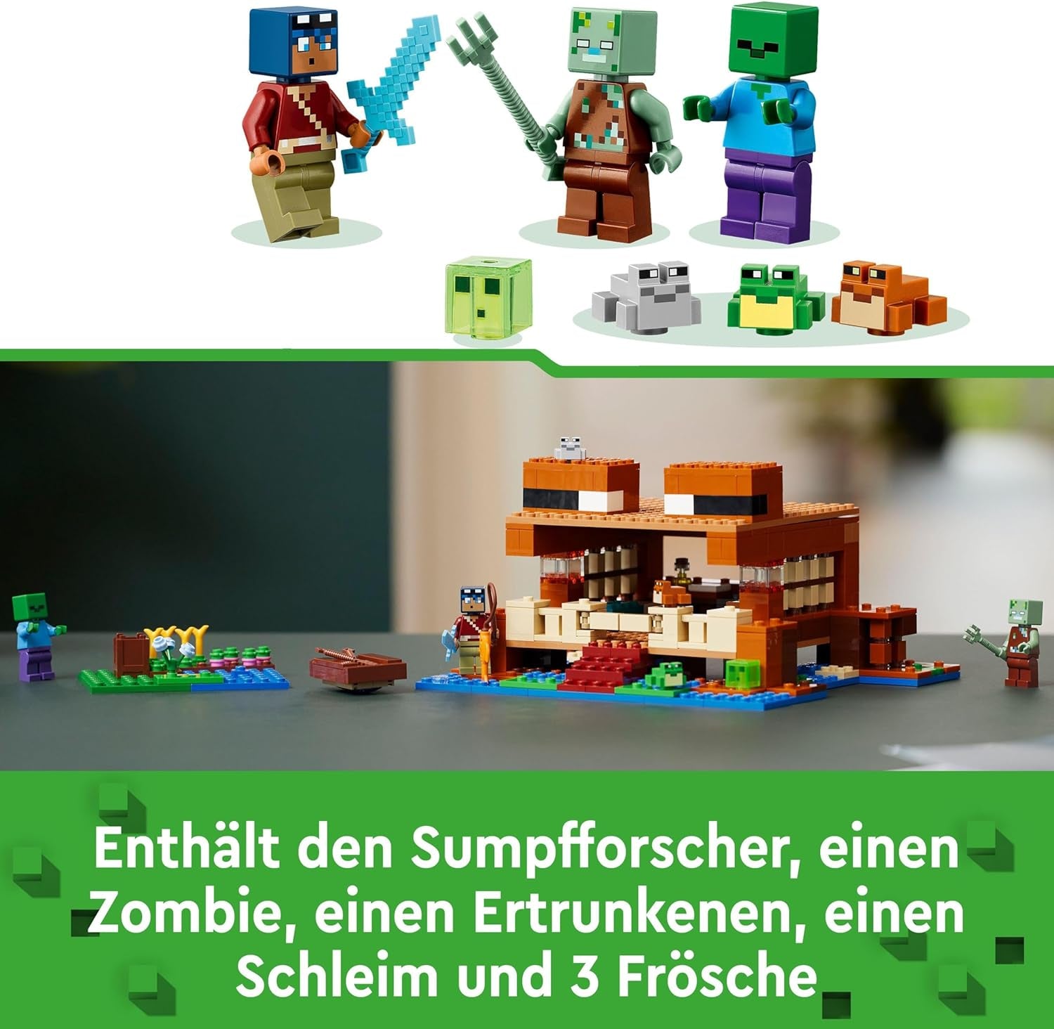 LEGO Minecraft The Frog House, domeček na hraní s figurkami včetně zombie, slizu a tonoucího muže, plus doplňky, jako je hračka člun a pracovní stůl, dárek pro chlapce a dívky od 8 let 21256 Stavebnice Besuche den LEGO-Store