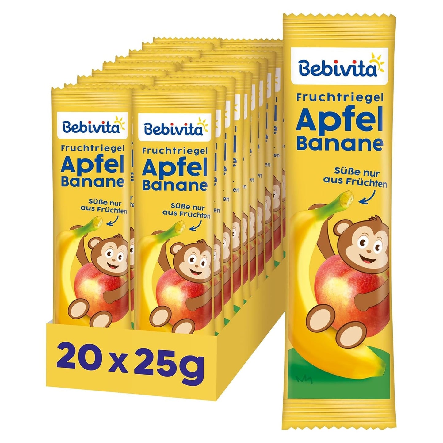 Jablečné a banánové tyčinky (20 x 25g), slazené pouze ovocem, perfektní svačina mezi jídly, připravované z přísně kontrolovaných a vybraných surovin.