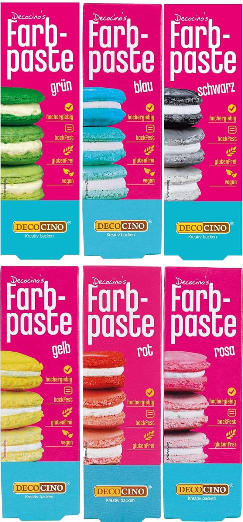 Sada 6 barevných past Decocino - 6 x 20 g - Potravinářské barvivo v červené, růžové, zelené, žluté, modré a černé barvě, ideální pro barvení dortů, fondánu a krémů - Bez azo a bez lepku
