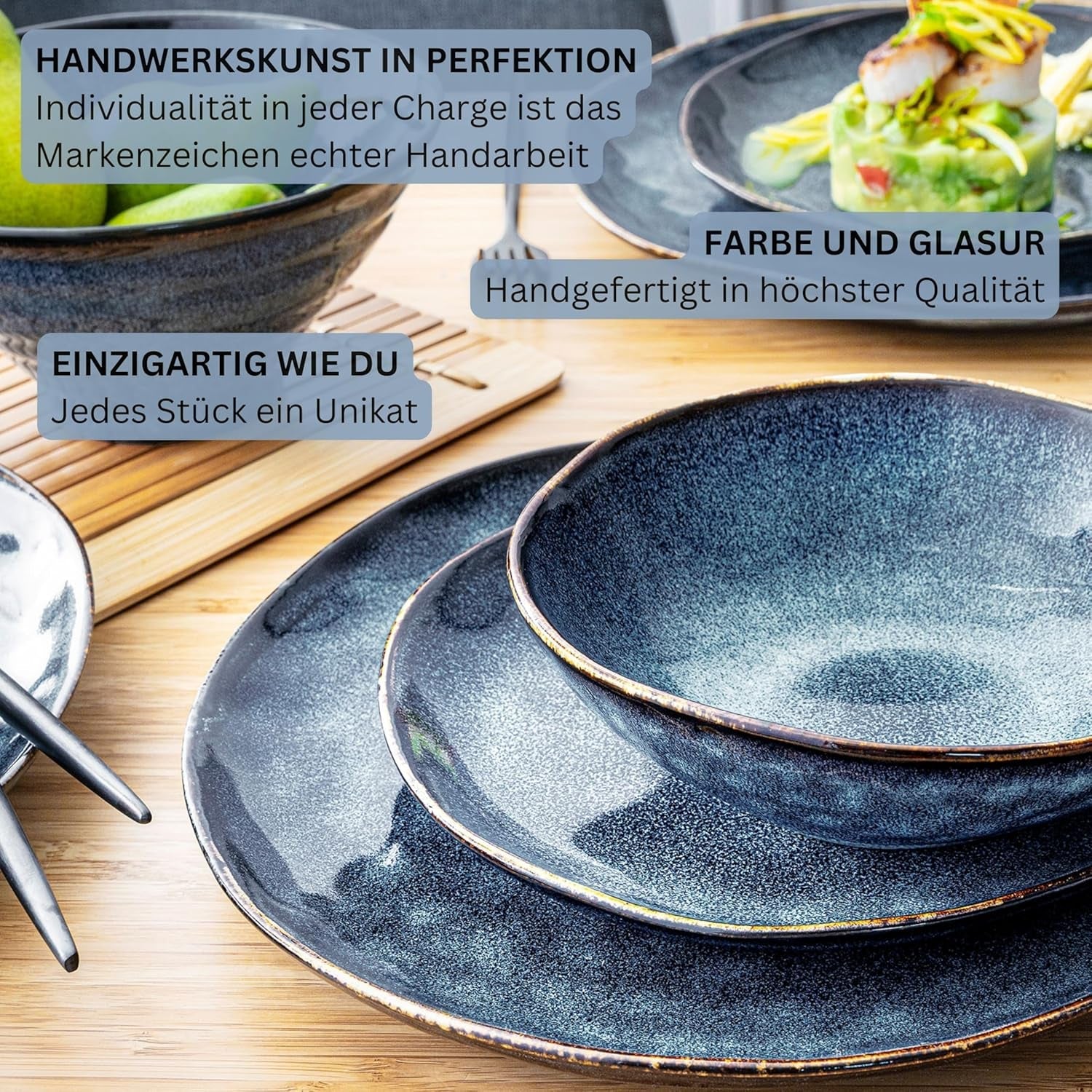 Sänger | Tokyo 36dílná sada porcelánového nádobí Sada porcelánového nádobí pro 12 osob Moderní ručně vyráběné tmavě modré nádobí s černými akcenty | PRÉMIOVÁ KOLEKCE