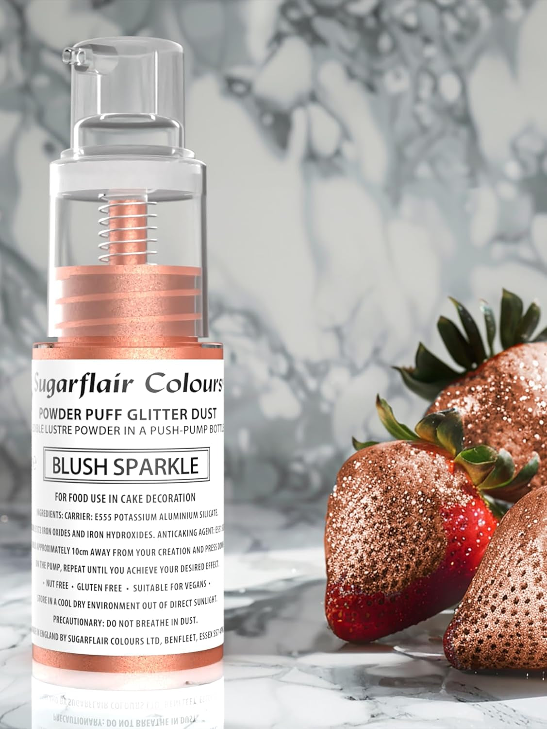 Sugarflair Pump Powder Spray, Glitter, Blush, Glitter - potravinářská barva na dorty, bezaerosolový sprej na dorty, muffiny a další - 10 g