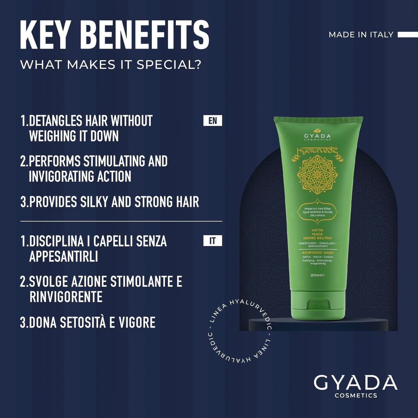 GYADA KOSMETIKA, Hyalurvédský posilující ajurvédský obklad, Profesionální ošetření pro jemné a slabé vlasy, Anti-Frizz s methi, Maca, Neutrální henna, 200 ml Naty Shop vlasová maska