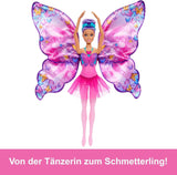 Barbie Dance And Flutter Transformační panenka 2 v 1 z tanečnice na motýla s otevíracími křídly, fialovými vlasy, šperky do vlasů a odnímatelnou Tutu, HXJ10 Naty Shop Dolls