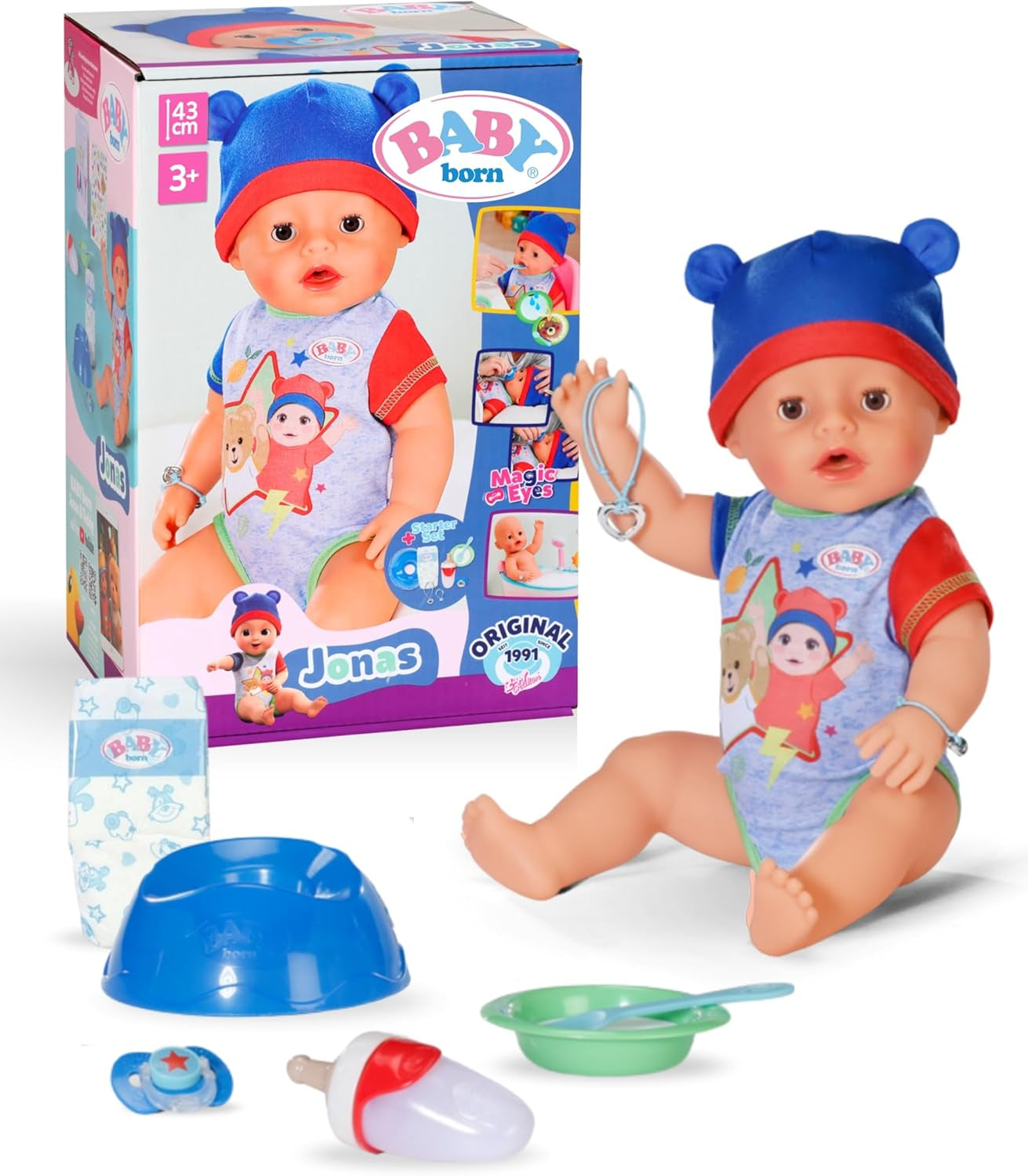 BABY Born Jonas - panenka 43 cm - 10 funkcí včetně příslušenství a matrace - Plně funguje bez baterií - Vhodné pro děti od 3 let
