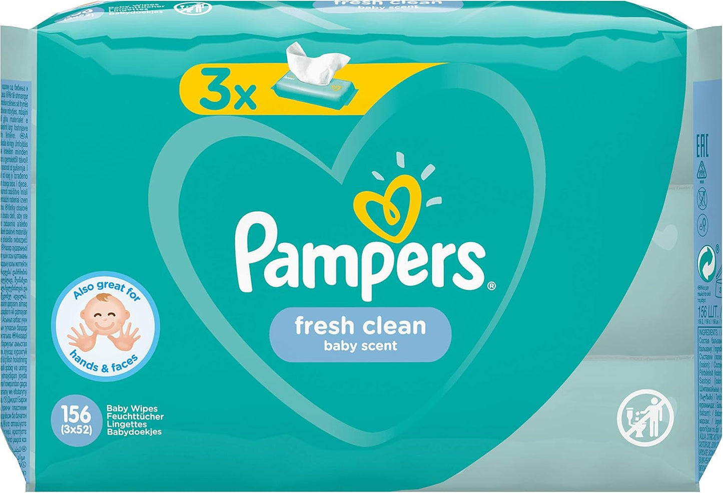 Pampers Fresh Clean Dětské ubrousky 81688041, 3x52 kusů, (dětské ubrousky, plastový sáček, dívka/chlapeček, tyrkysová, bílá, Německo, 896,7 g)