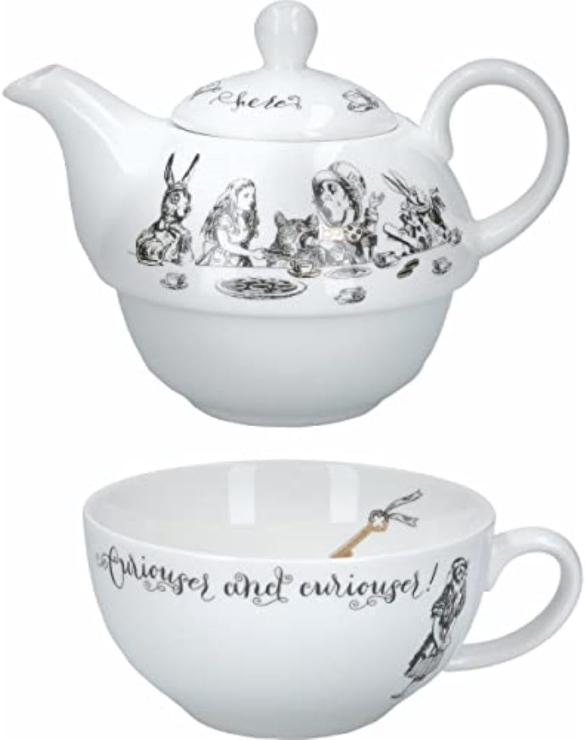 Sada konvice a šálku Alenka v říši divů pro 1 osobu v dárkové krabičce, jemný porcelánový čajový servis, bílá, 250 ml
