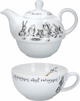 Sada konvice a šálku Alenka v říši divů pro 1 osobu v dárkové krabičce, jemný porcelánový čajový servis, bílá, 250 ml