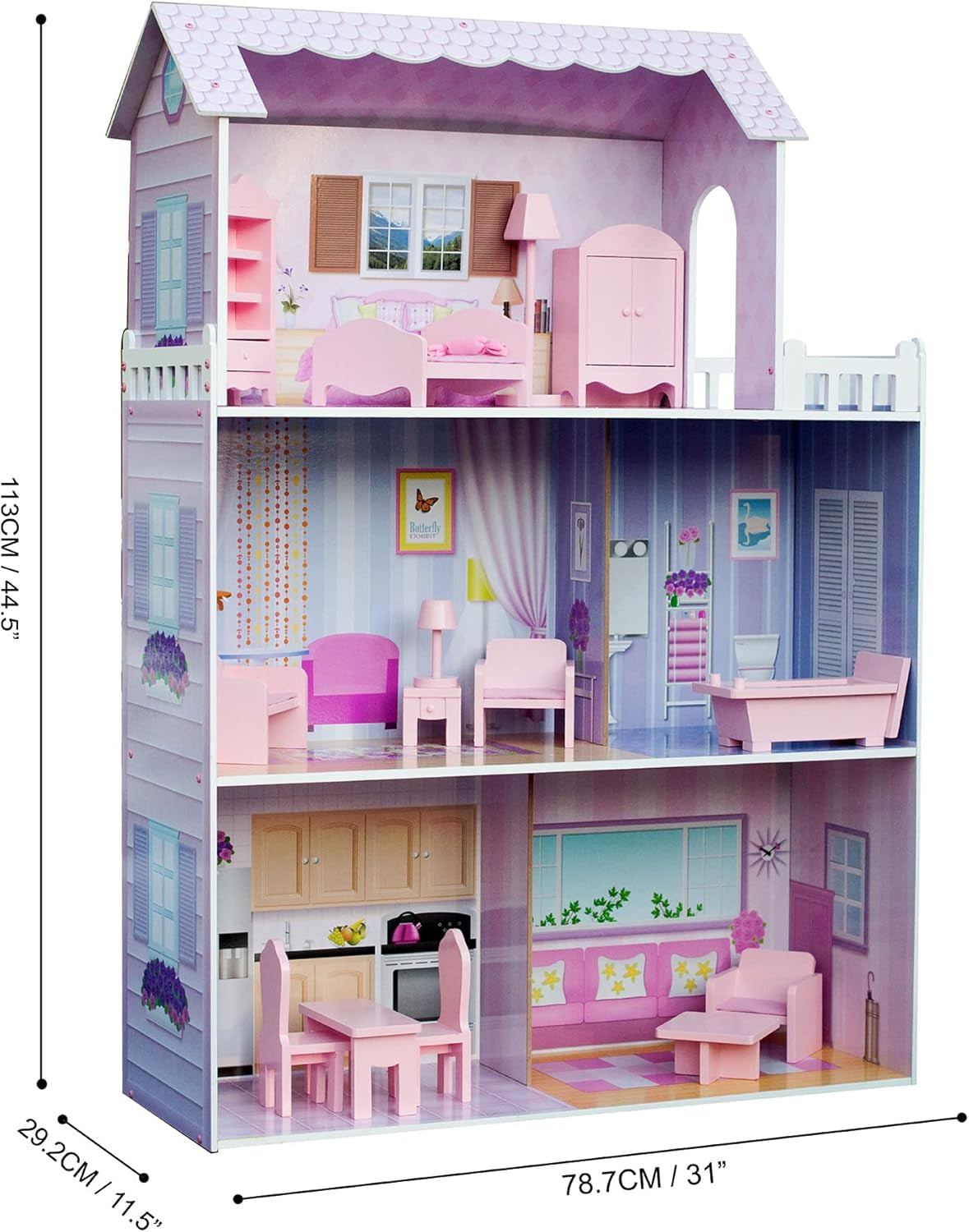 Obří domeček pro panenky Olivia's Small World, velký dřevěný domeček pro panenky s nábytkem a doplňky, 3patrový domeček pro panenky pro děti, domeček pro panenky 12", 3 roky + domečky pro panenky Naty Shop