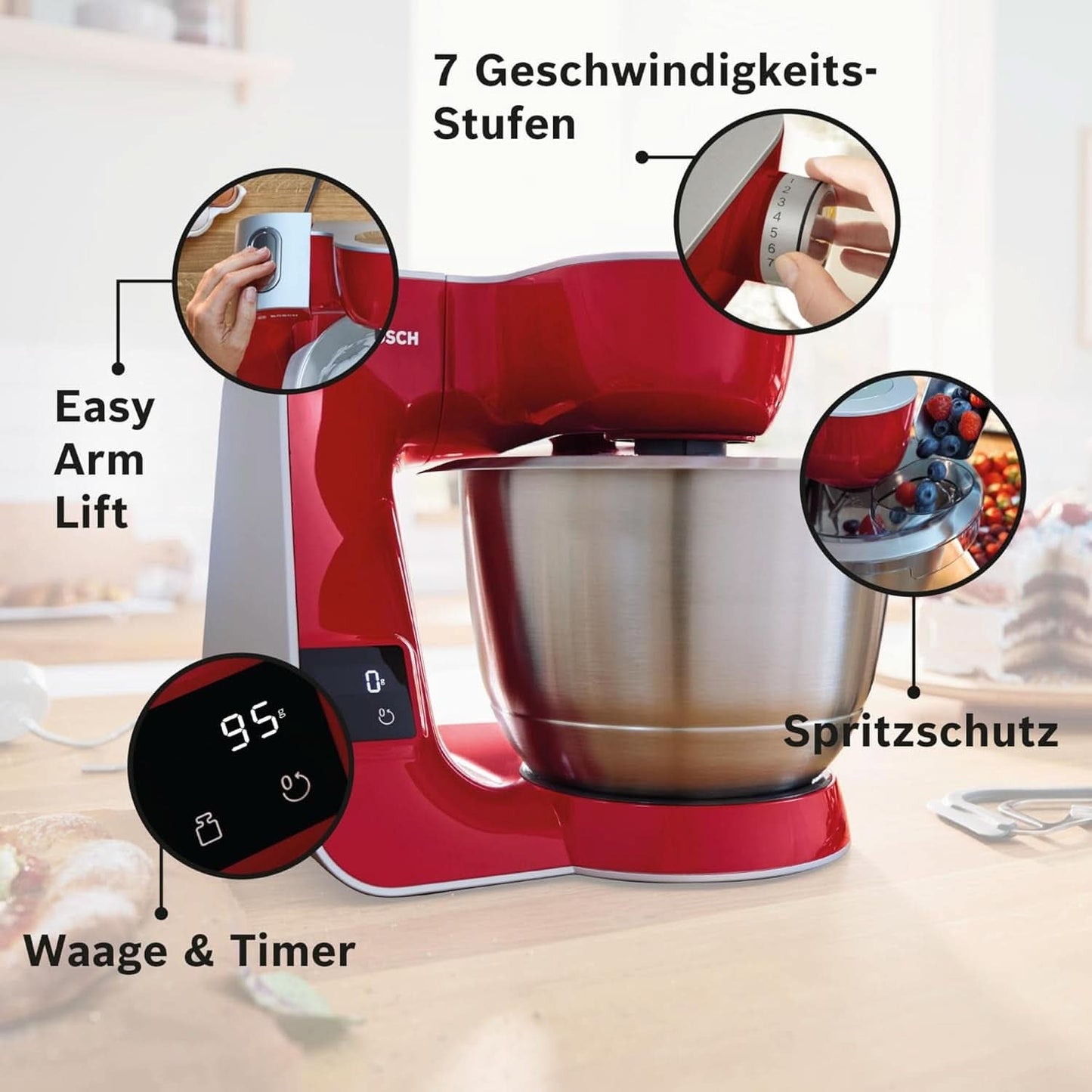 Kuchyňský robot Bosch Series 4 MUM5X720, integrovaná váha, nerezová mísa 3,9L, mixér 1,25L, 1000W Příslušenství Potraviny a kojení Bebe Naty Shop