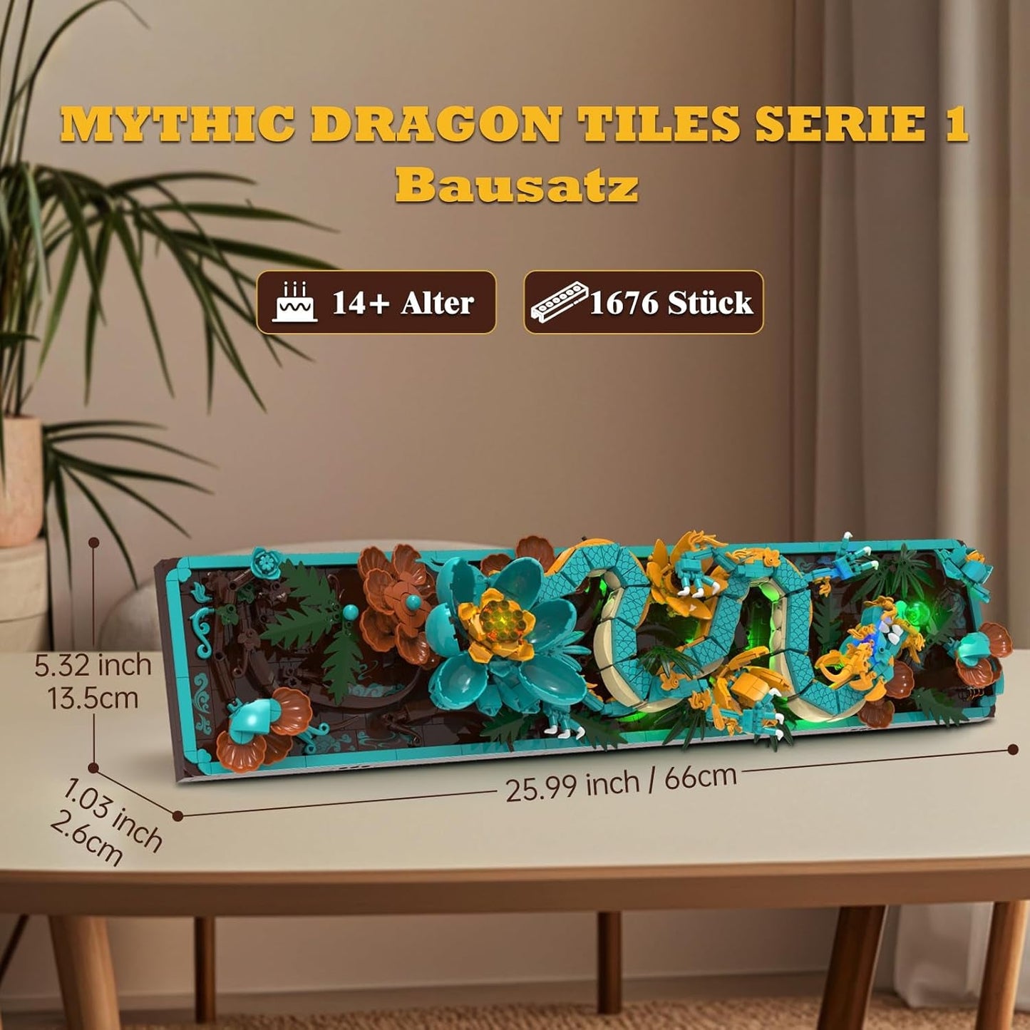 Stavebnice mýtických dračích dlaždic pro dospělé, 3D umělecká stavebnice Divine Loong s LED světly a květinami, DIY sada modelu s reliéfem draka, kreativní dárky a dekorace (1676 kusů)
