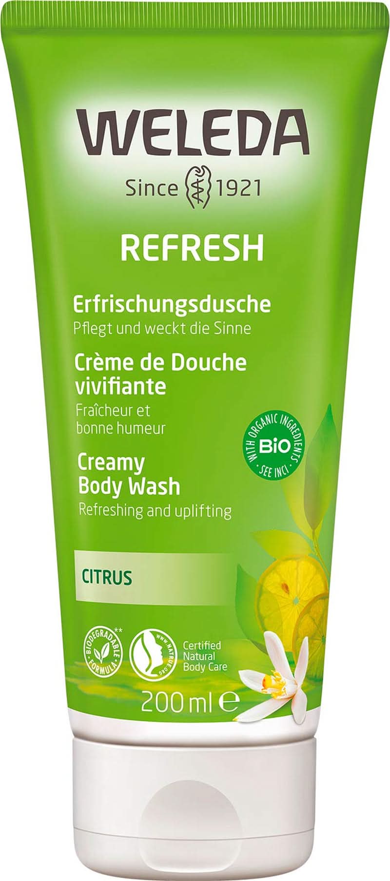 WELEDA Organic Refresh Sprchový gel Vegan, unisex sprchový gel, příchuť citron/pomeranč, 200 ml Naty Shop Výchozí název