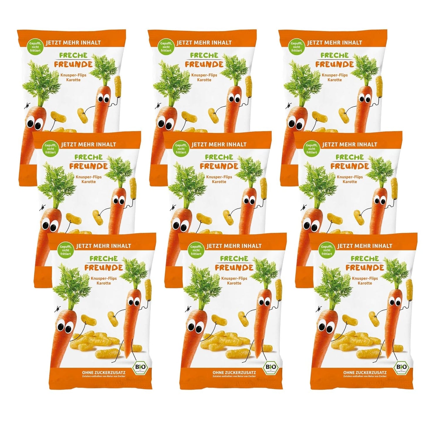Bio ovocné chipsy "100% jahoda" mrazem sušené jahodové chipsy (12 x 12 g) a nové bio křupavé kukuřičné a mrkvové flips, bio svačina, od 1 roku, (9 x 30 g) 270 g