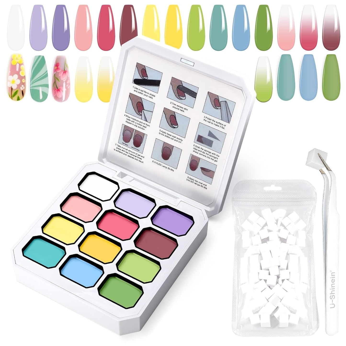 Gradient Painting Gel, 12 barev Ombre Gel lak na nehty se 100 ks houbiček na nehty a 4 drápy kovovým drapákem pro francouzskou manikúru DIY nail art, sada I