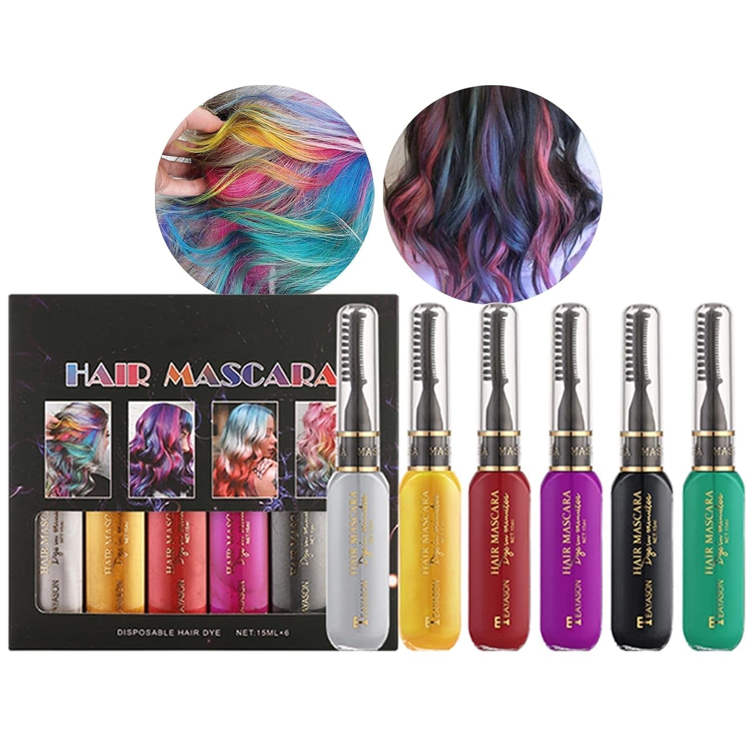 Okamžitá barva na vlasy 6 barev Dočasná řasenka na vlasy pro dívky a ženy Smývatelná barva na vlasy Chalk Rainbow Hair Mascara Barva na vlasy pro karneval Halloween Cosplay Party Narozeniny (A) Barva na vlasy Naty Shop B 90 Ml (1 balení)