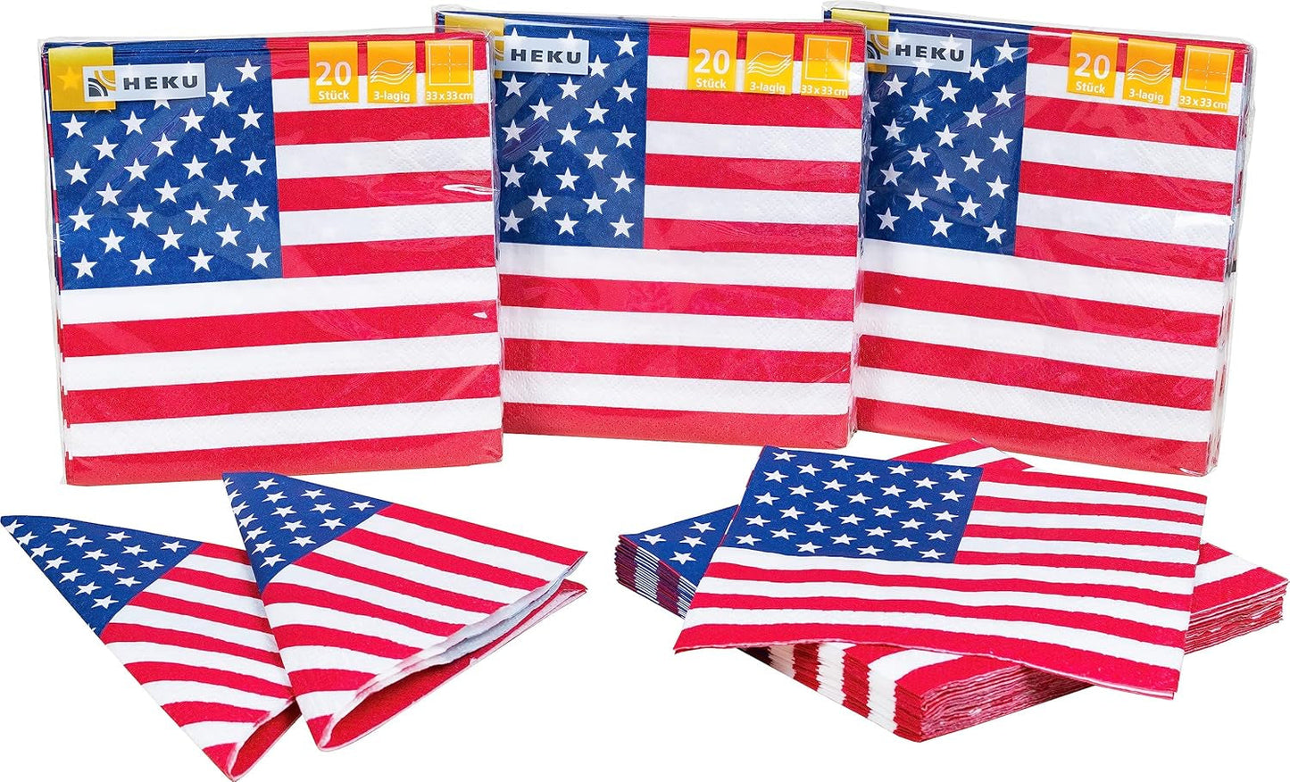 HEKU 191-ks. USA Party Set I Papírové talíře Ø23Cm, červené kelímky, 3vrstvé ubrousky 33X33Cm, sběrač dekorací, řetízek s vlajkou 10M I Ideální pro tématické večírky a státní svátky