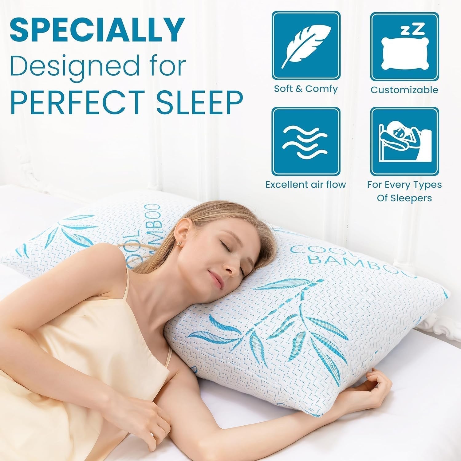 Comfysleep King Size Bamboo Viskóza Polštář Chlazení Strouhaná paměťová pěna Nastavitelná bambusová viskóza Snímatelný/pratelný potah 2ks Naty Shop Standardní polštáře