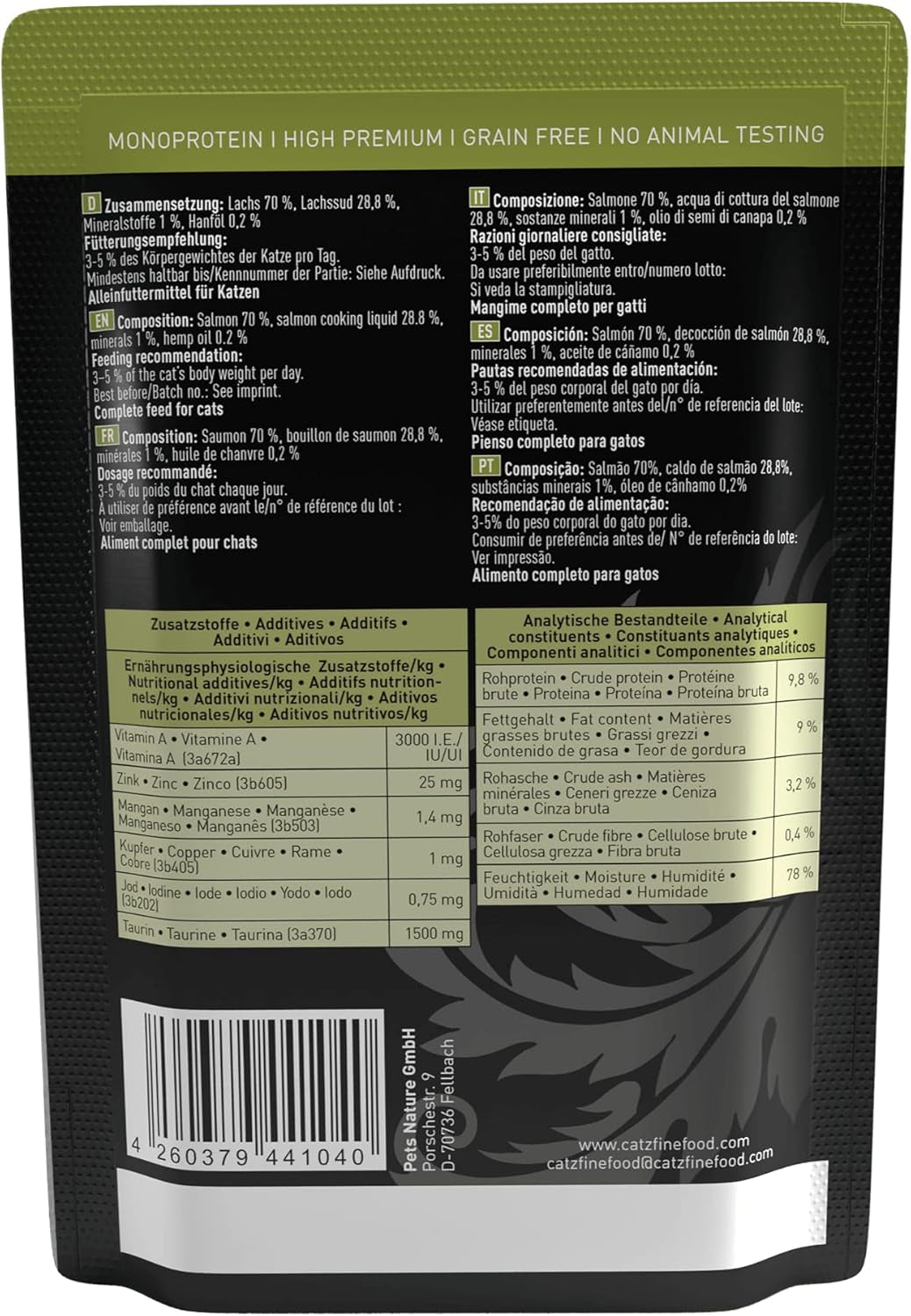 Mokré krmivo pro kočky Catz Finefood Purrrr s monoproteinem a lososem č. 105, pro kočky s citlivým zažíváním, 16 x 80 g